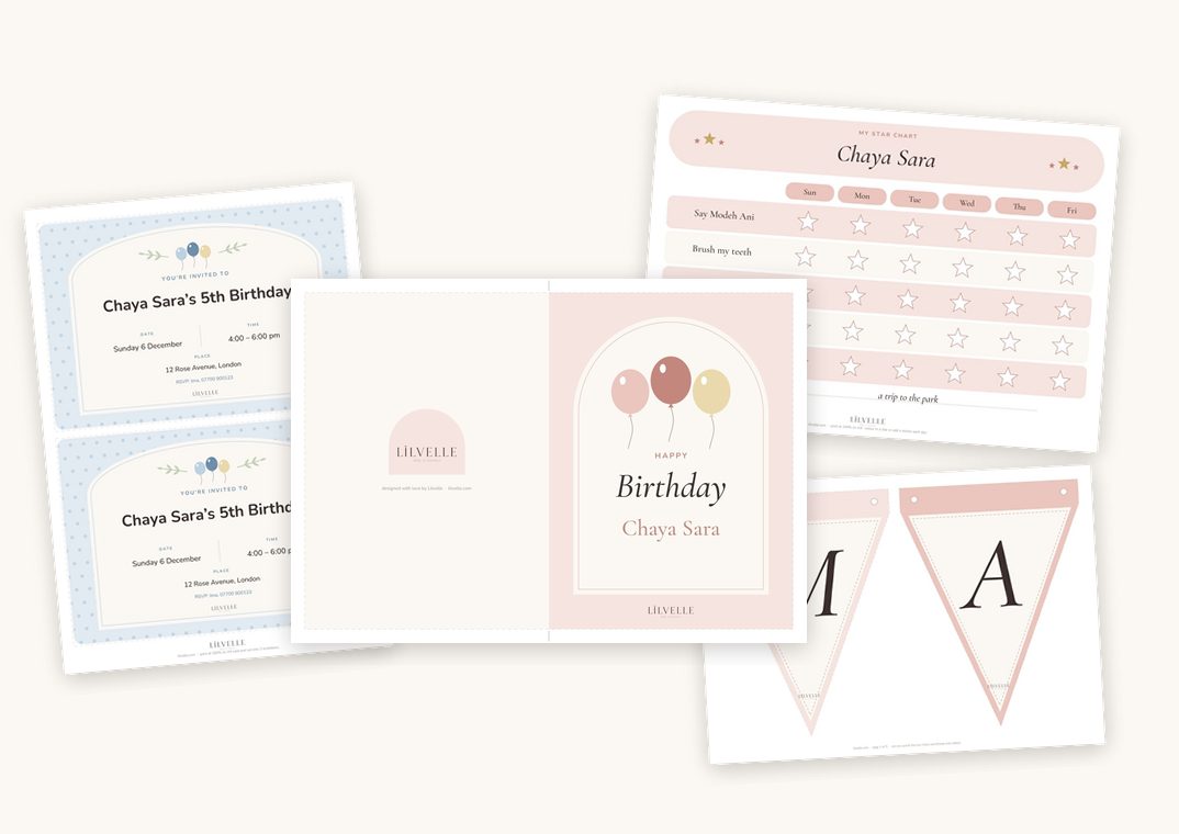 A birthday card, party invitations, a star chart and banner letters made with the Lilvelle maker
